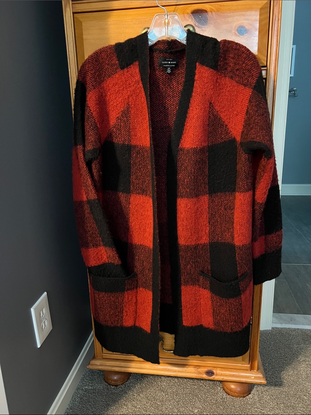Lucky Brand Women’S Cozy Plaid Open-Front Cardigan Sweater - Red Black